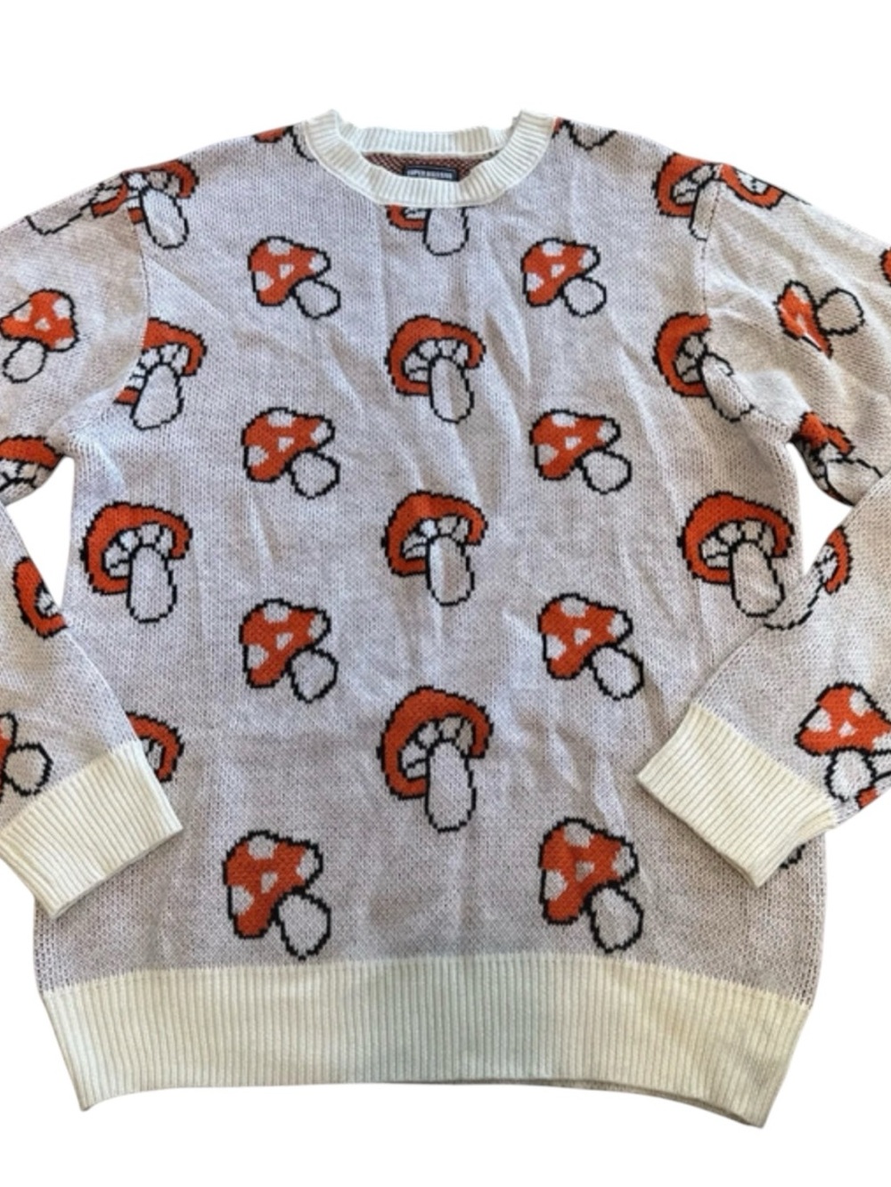 Crewneck Mushroom Knit Sweater - White & Orange